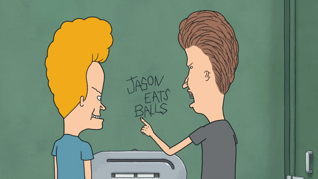Beavis and Butthead pointing at writing that says, Jason Sucks Balls
